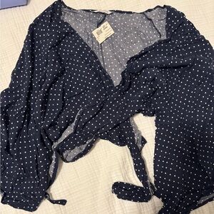 Navy Polka Dot Wrap Blouse